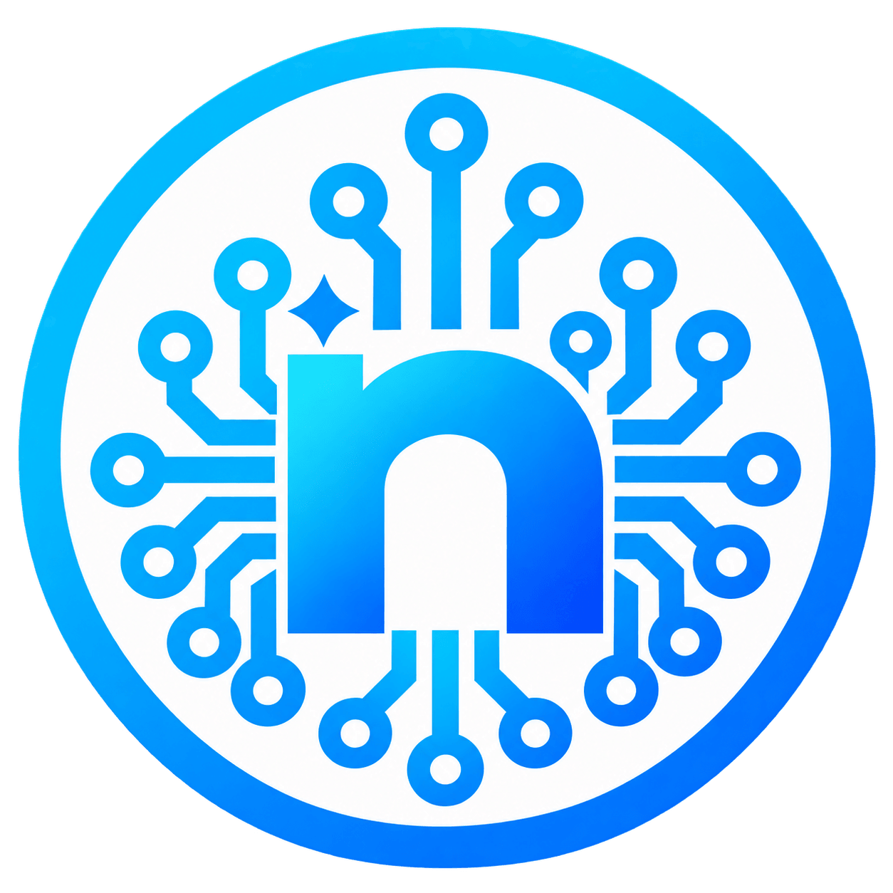 NUVYREX light token icon: white circular face with blue and cyan circuit emblem