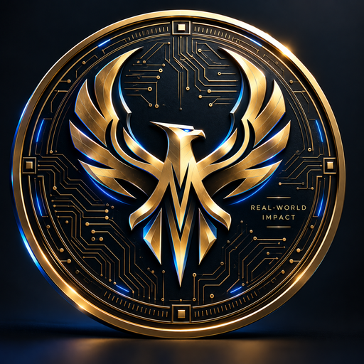 NVX token artwork: a gold hawk over navy circuitry with electric-blue accents and REAL-WORLD IMPACT wording