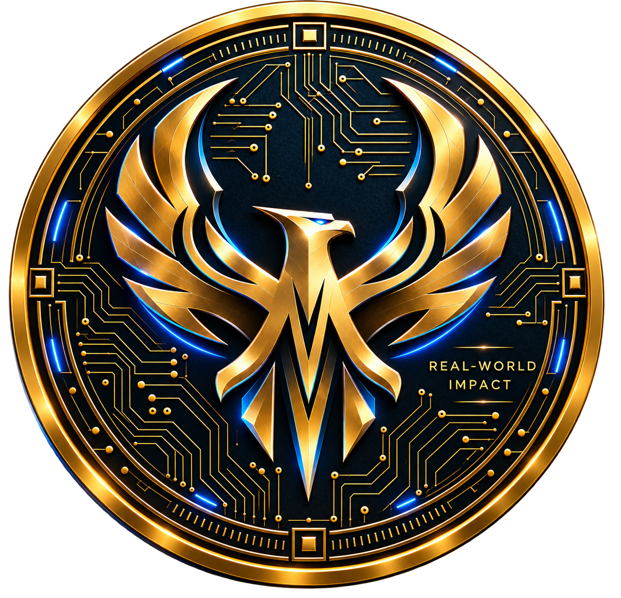NVX token artwork: a gold hawk over navy circuitry with electric-blue accents and REAL-WORLD IMPACT wording